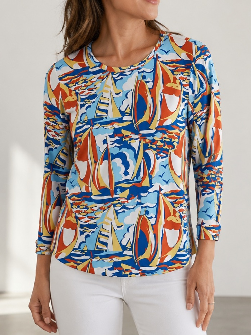 J. McLaughlin Catalina Nautical Sailboat Print Resort Coastal Chic Stretch Top